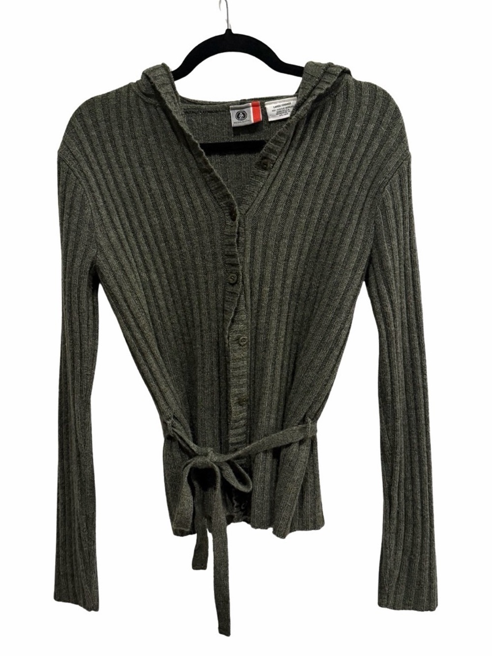 Arizona Jean Company Olive Green Ribbed Button-Up Tie Waist Hooded Cardigan